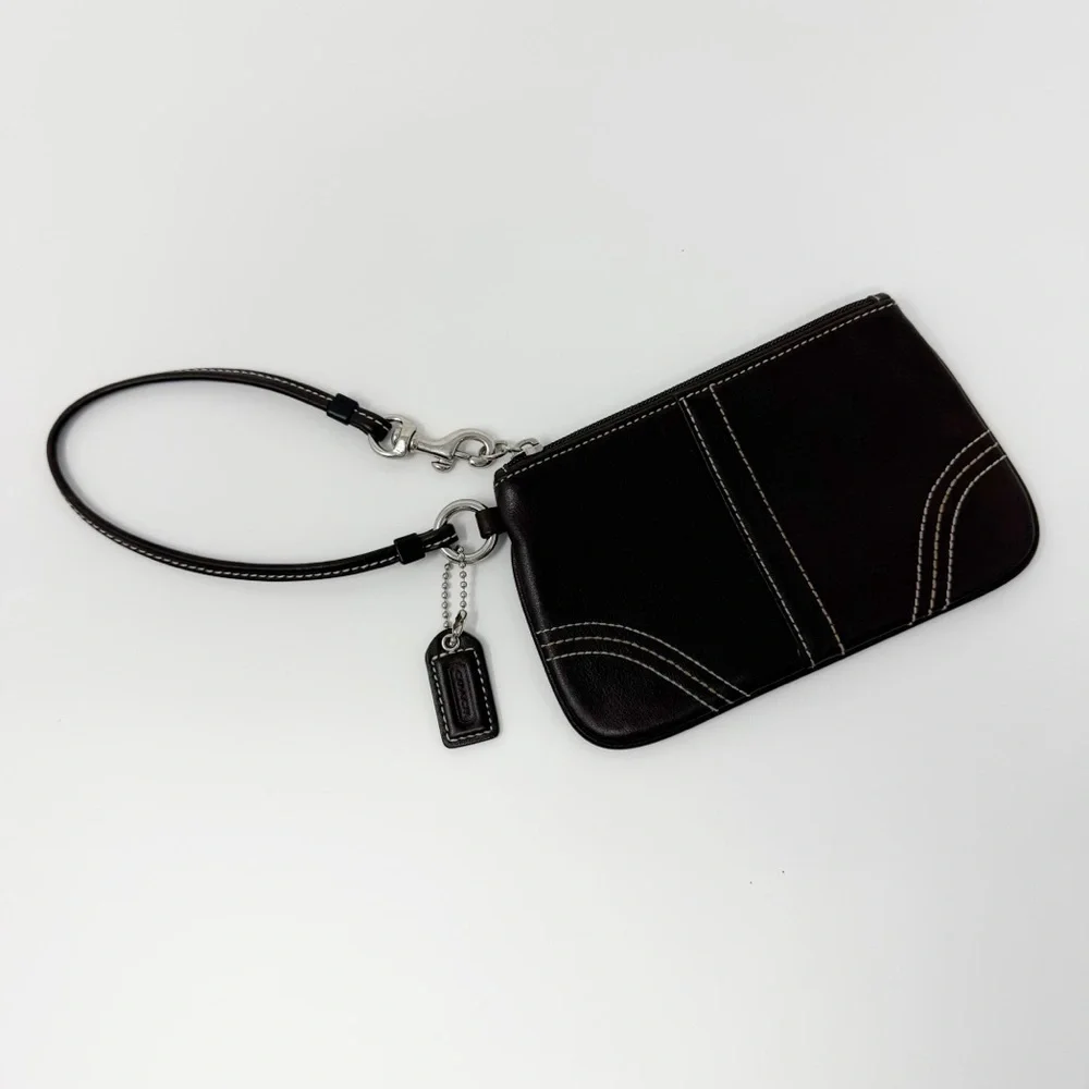 Coach Dark Brown Leather Wristlet Clutch Pouch Purse Zip Top Signature